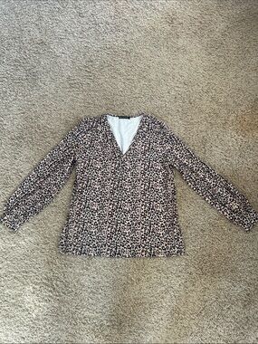 Leopard Print V-Neck Long Sleeve Blouse - Neutral Tones